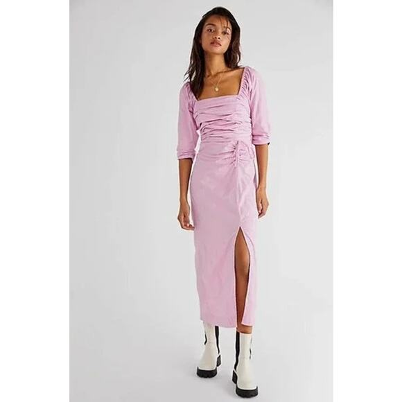 FREE PEOPLE Looking Stunning Midi Dress Pink Ruched Low Back Slit Hem Women's XS - Picture 2 of 15